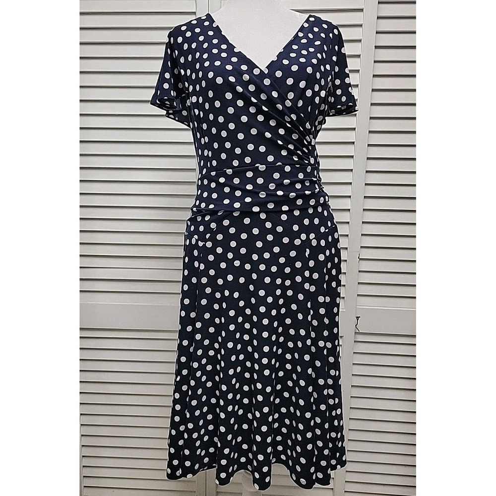 Lauren Ralph Lauren Sheath Dress SZ 8 Navy Polka Dot Ruched Stretch Faux Wrap